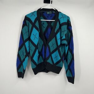 Womens VTG Button Cardigan Preppy Academia Ramie Oversized XS Argyle Blue Green